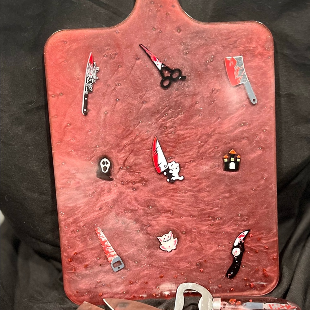 Red Cutting Board/utensils with Horror-Themed Decorations